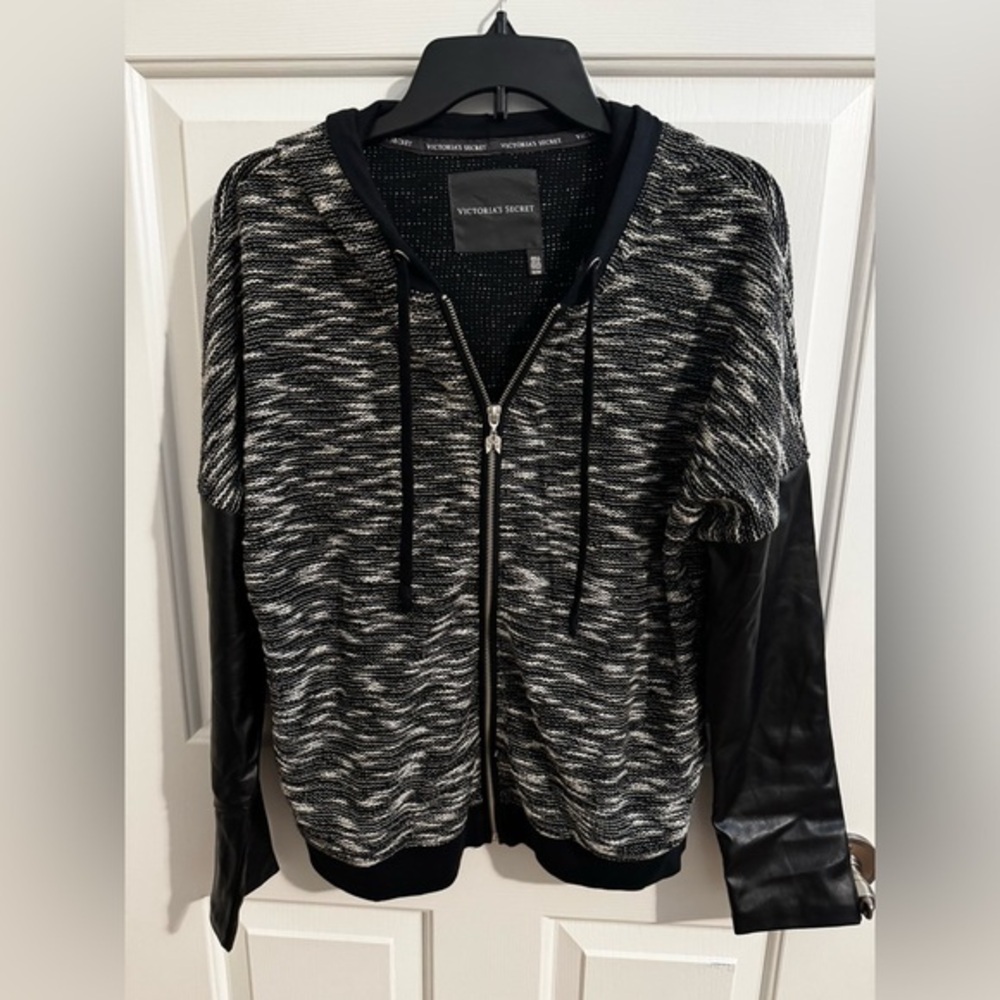 Victoria's Secret Faux Leather Knit Hoodie Pockets Black Size M